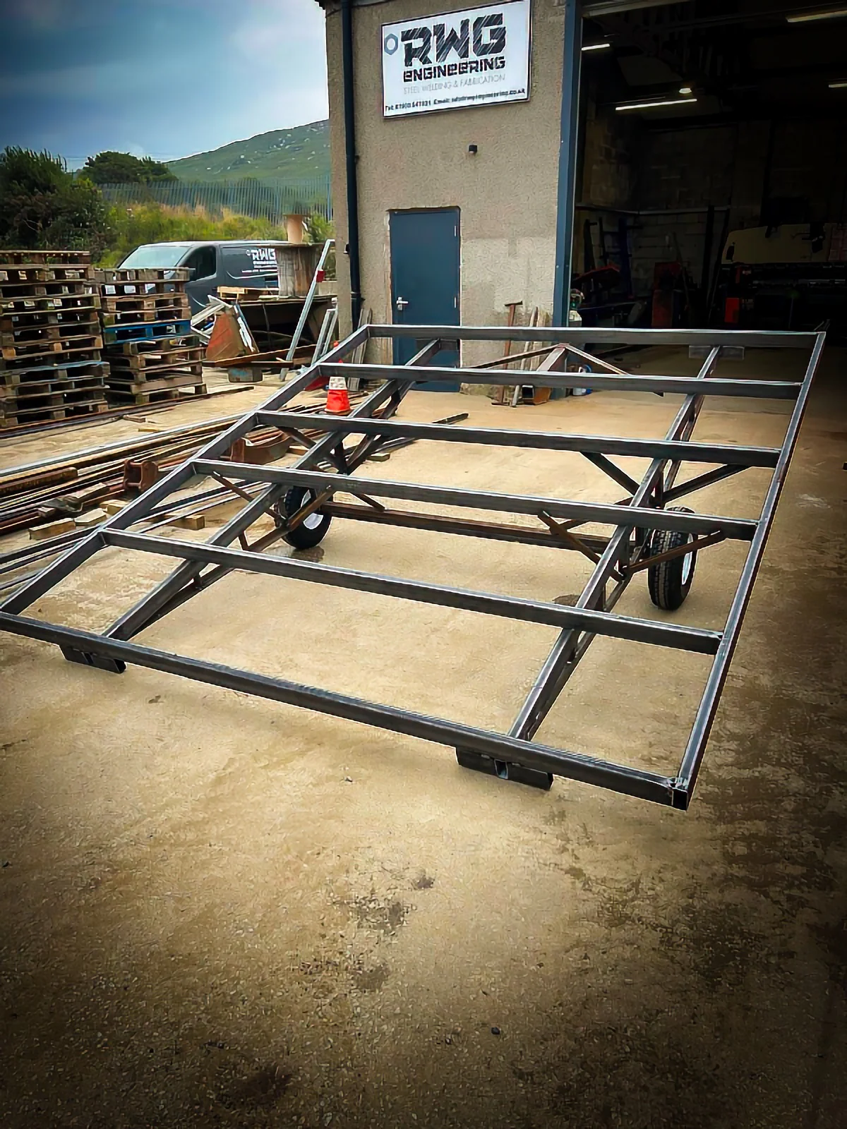 Welded steel frame on castors outside the RWG Engineering workshop