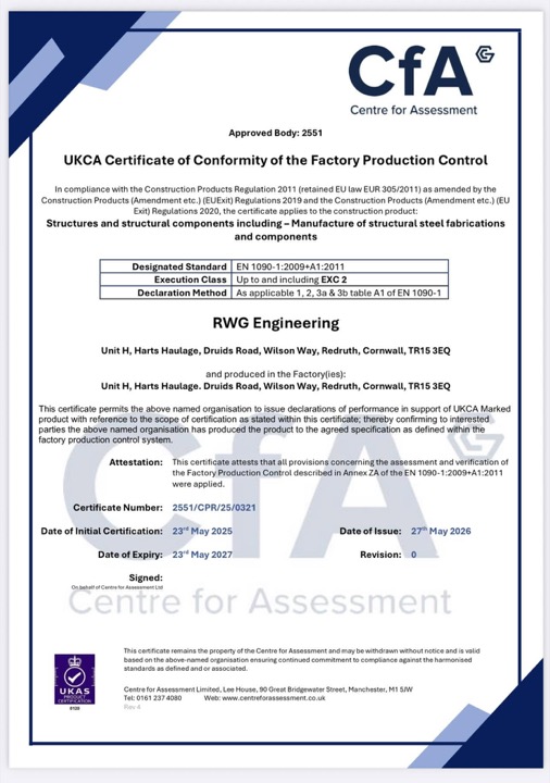 UKCA Certificate of Conformity of the Factory Production Control, certificate 2551/CPR/25/0321, issued to RWG Engineering by Centre for Assessment Ltd, Approved Body 2551. EN 1090-1:2009+A1:2011, Up to and including EXC 2. Valid until 23 May 2027.